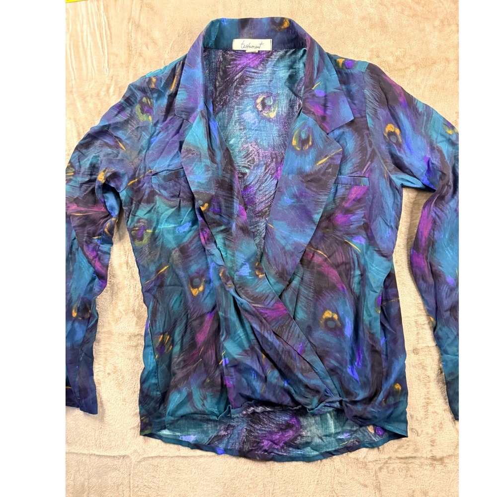 Testament Anthropology XS Peacock Feather Print Surplice Wrap Blouse Boho Mod